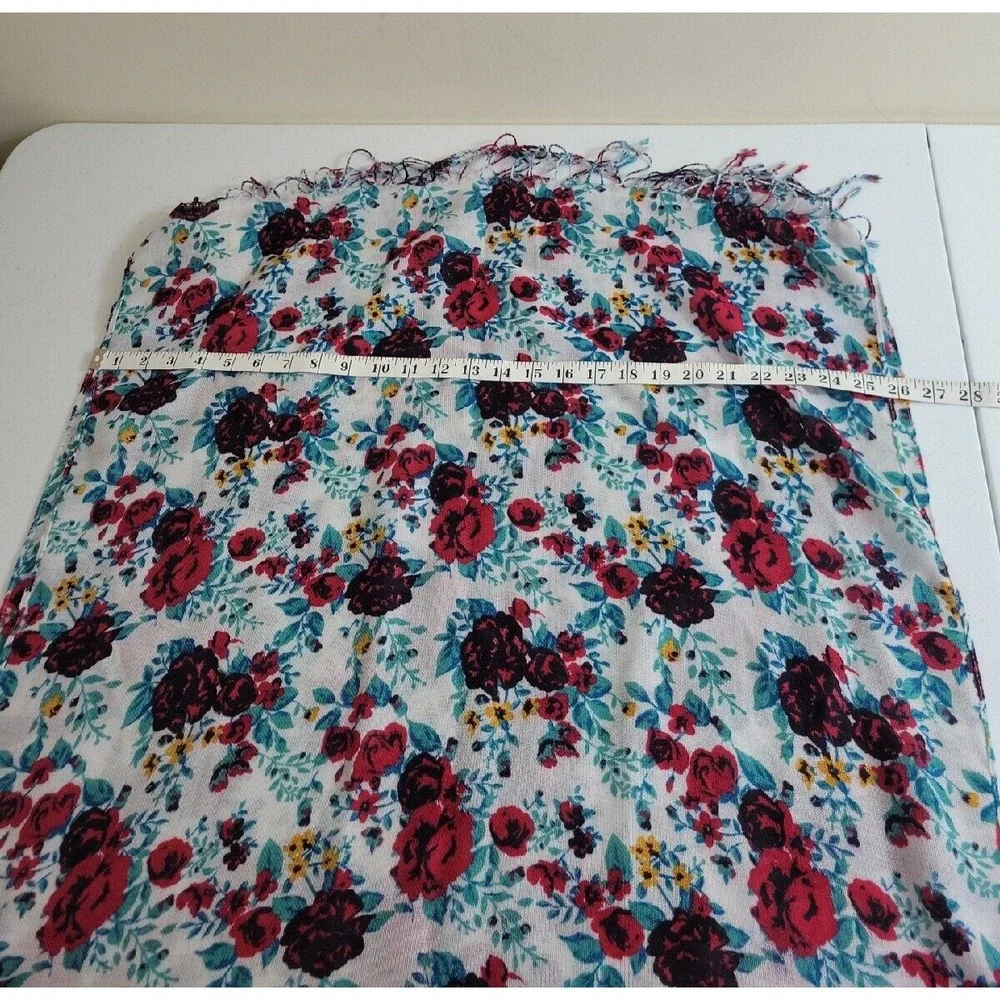 Pashmire Scarf Floral Print Fringe Wrap Shawl Cottagecore Boho White Red Teal